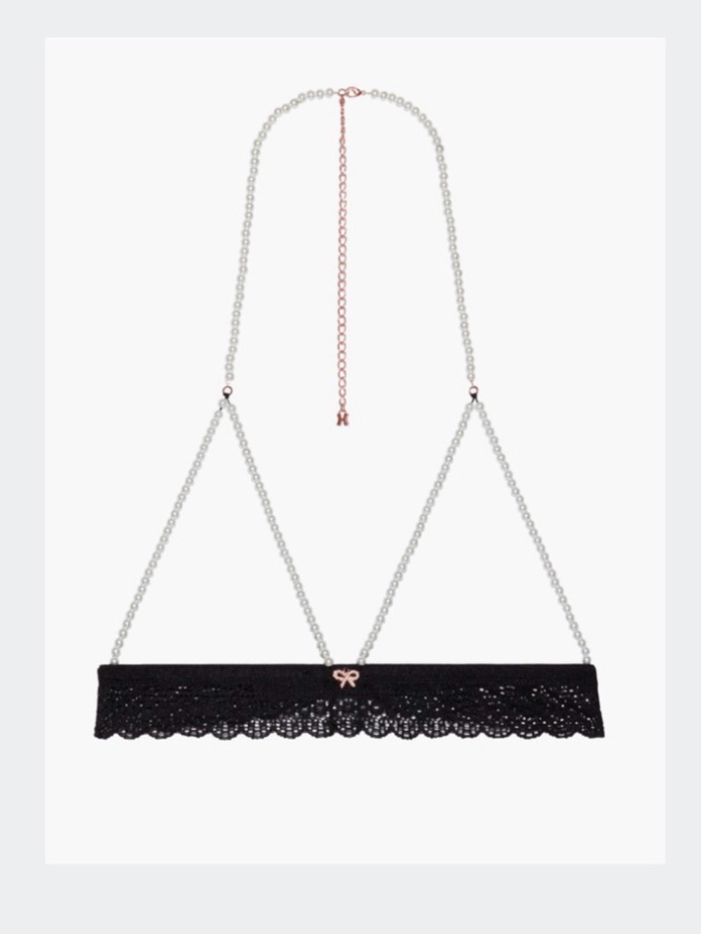 Savage X Fenty Faux Pearl-Strand Black Lace Bralette with Gold Bow Accent